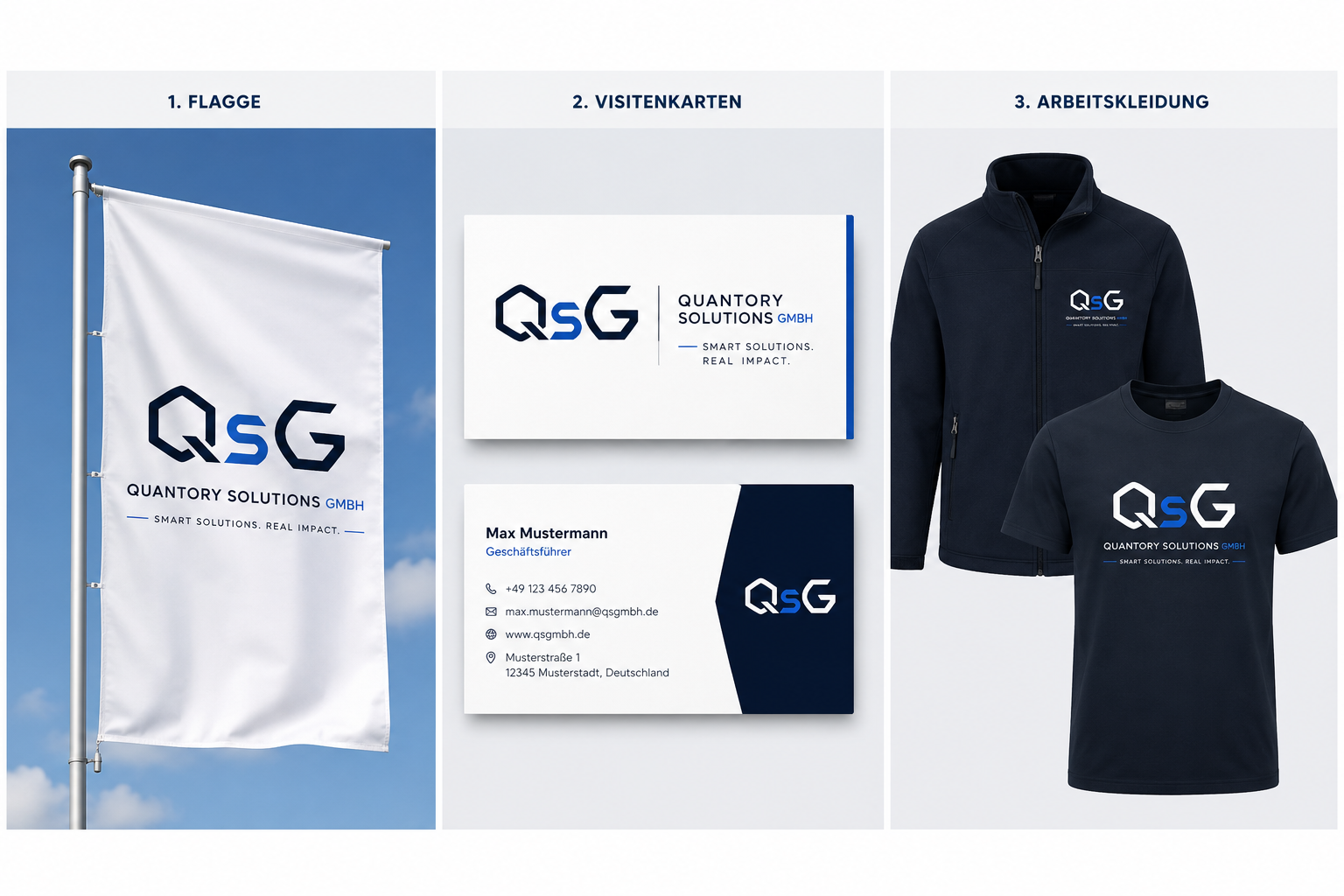Markenauftritt Quantory Solutions — Flagge, Visitenkarten und Arbeitskleidung